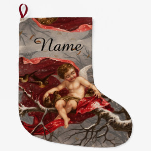 GRANDE CHAUSSETTE DE NOËL CHÉRUBIN AILÉ SUR UN ARBRE D'HIVER AVEC DES OISEAU