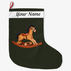 Grande Chaussette De Noël Cheval à Bascule en Bois Vintage