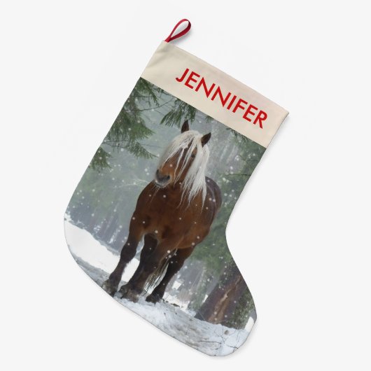 Grande Chaussette De Noël Cheval Brown pittoresque dans une forêt d'hiver No (Devant (Accrochage))