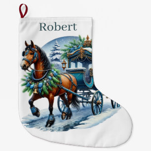 Grande Chaussette De Noël Cheval de Noël bleu ajouter un nom 