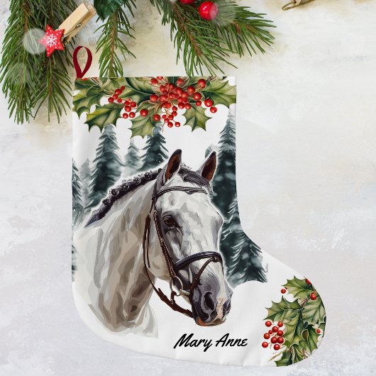 Grande Chaussette De Noël Cheval gris personnalisé Prise en charge de Noël