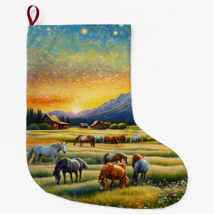 Grande Chaussette De Noël Chevaux dans la prairie fleurie de la ferme sauvag