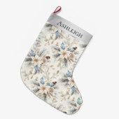 Grande Chaussette De Noël Chic Crème Argent Bleu Blanc Floral Noël (Devant (Accrochage))