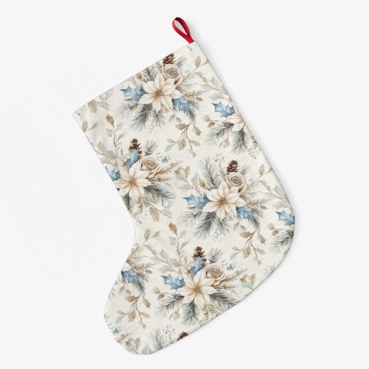 Grande Chaussette De Noël Chic Crème Argent Bleu Blanc Floral Noël (Dos (Accrochage))