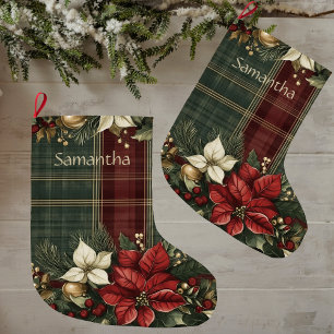 Grande Chaussette De Noël Chic Plaid Bourgogne & Poinsettia Nom Personnalisé