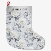 Grande Chaussette De Noël Chic Silver Roses Blanches Fleur Noël (Devant)