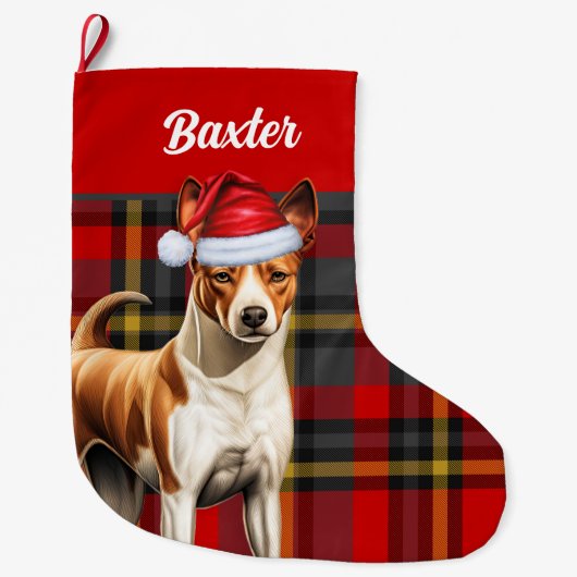 Grande Chaussette De Noël Chien Basenji rouge et vert plaid avec nom (Devant)