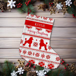 Grande Chaussette De Noël Chien Caniche Nordique Rouge Noël