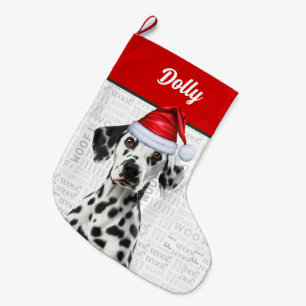 Grande Chaussette De Noël Chien Dalmatien de Noël avec Nom Fond Woof