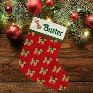 Grande Chaussette De Noël Chien de Doodle personnalisé Rouge Vert Tan