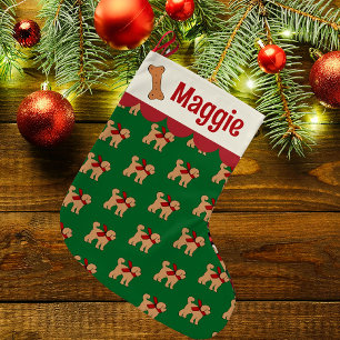 Grande Chaussette De Noël Chien de Doodle personnalisé Rouge Vert Tan