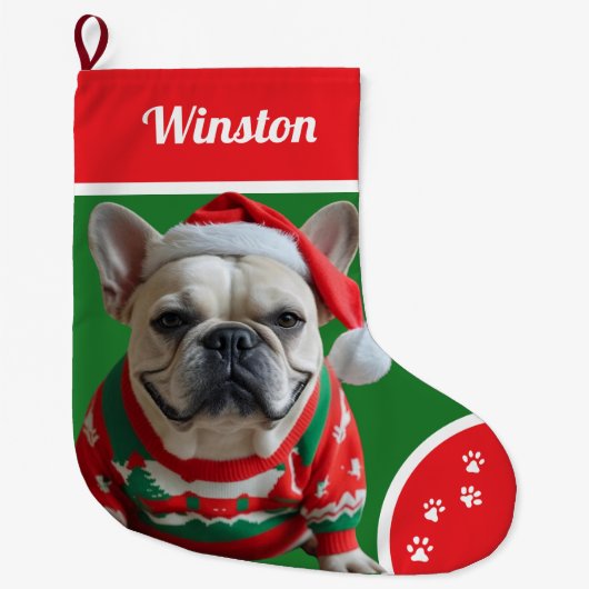 Grande Chaussette De Noël Chien de Noël mignon avec pull personnalisé (Devant)