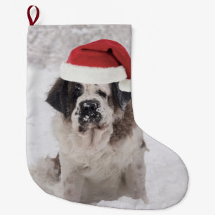 Grande Chaussette De Noël Chien de Saint-Bernard avec chapeau de santa