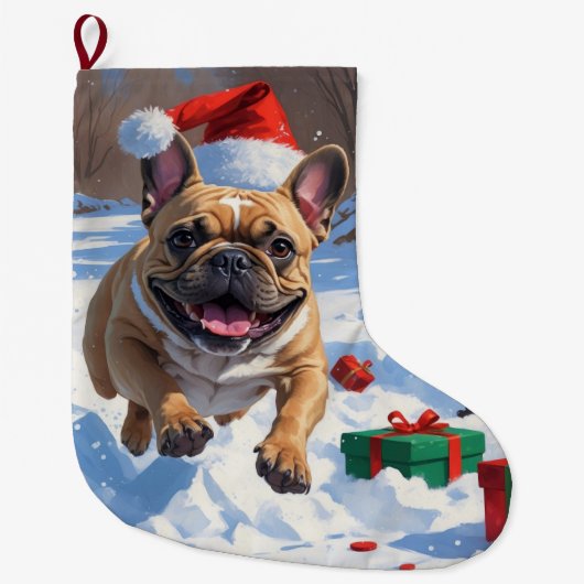 Grande Chaussette De Noël Chien de taureau français coule en neige avec Casq (Devant)