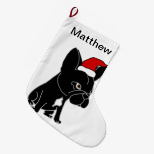 Grande Chaussette De Noël Chien de taureau français noir mignon à Santa Ha