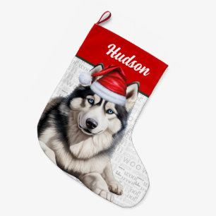 Grande Chaussette De Noël Chien Husky de Noël avec le nom Woof Arrière - pla