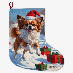 Grande Chaussette De Noël Chien Papillon courant dans la neige avec un chape