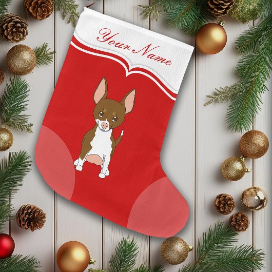 Grande Chaussette De Noël Chihuahua Chien mignon Caricature Brown Blanc Nom