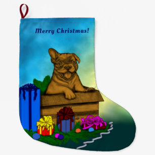Grande Chaussette De Noël Chiot dans une boîte, Joyeux Noël