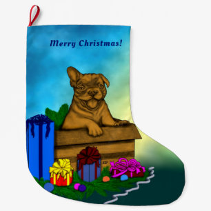 Grande Chaussette De Noël Chiot dans une boîte, Joyeux Noël