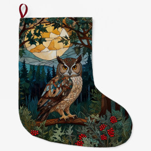 Grande Chaussette De Noël Chouette boho élégant tache de verre forêt boisée