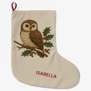 Grande Chaussette De Noël Chouette de Noël brodée rustique avec Holly