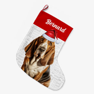 Grande Chaussette De Noël Christmas Basset Hound avec le nom du chien