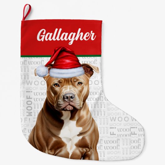 Grande Chaussette De Noël Christmas Pit Bull Terrier Nom Woof Arrière - plan (Devant)