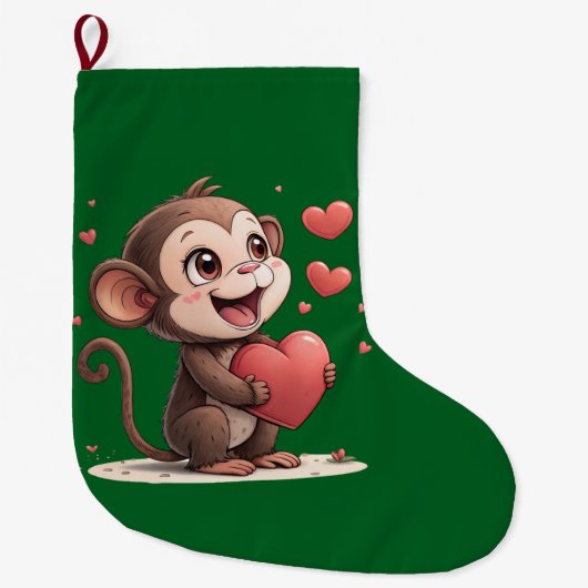 Grande Chaussette De Noël Christmas Stocking, Monkey Red Hearts Love (Devant)