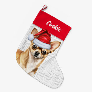 Grande Chaussette De Noël Christmas Tan Chihuahua Père Noël avec le nom du c