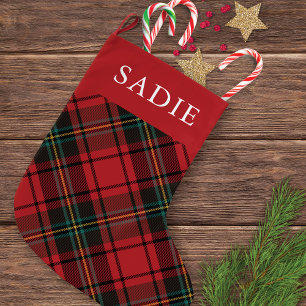 Grande Chaussette De Noël Classic Elegant Red Tartan Holiday avec nom