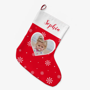 Grande Chaussette De Noël Cœur rouge et flocons de neige Photo personnalis
