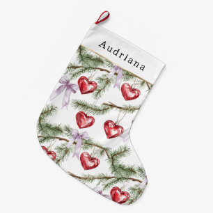 Grande Chaussette De Noël Cœurs Arbres Rouge Violet Rubans Noël