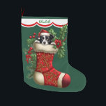 Grande Chaussette De Noël Collie Peeking<br><div class="desc">Cette réserve de vacances a l'image d'un adorable chien Collie Bordure noir et blanc qui regarde à partir d'une réserve rouge ornée. L'image est entourée de baies saintes, de baies rouges et de fleurs de poinsettia, et est placée sur un arrière - plan vert de Noël. Une arête blanche bordée...</div>