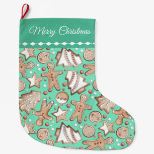 Grande Chaussette De Noël Cookies de vacances Motif sur Turquoise