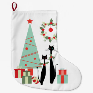 Grande Chaussette De Noël Cool moderne du milieu du siècle Chat Pair & Chri