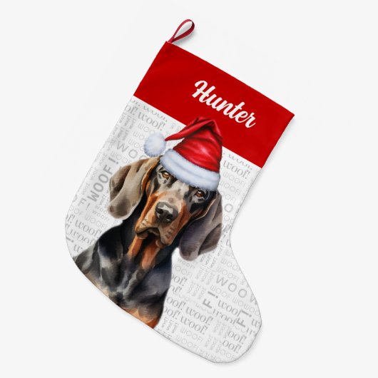 Grande Chaussette De Noël Coonhound noir de Noël avec le nom du chien (Devant (Accrochage))