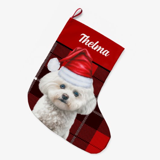 Grande Chaussette De Noël Coton de Tulear Red Plaid and Dogs Nom (Devant (Accrochage))