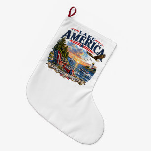Grande Chaussette De Noël Coucher de soleil patriotique aigle du lac America