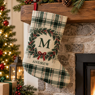 Grande Chaussette De Noël Couronne de houx tartan Highland Lodge avec monogr