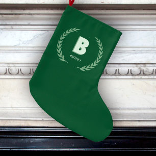Grande Chaussette De Noël Couronne de laurier vert Lettre B Monogramme