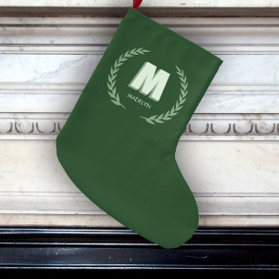 Grande Chaussette De Noël Couronne de laurier vert Lettre M monogramme