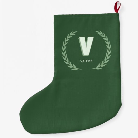 Grande Chaussette De Noël Couronne de laurier vert Lettre V Monogramme (Dos)