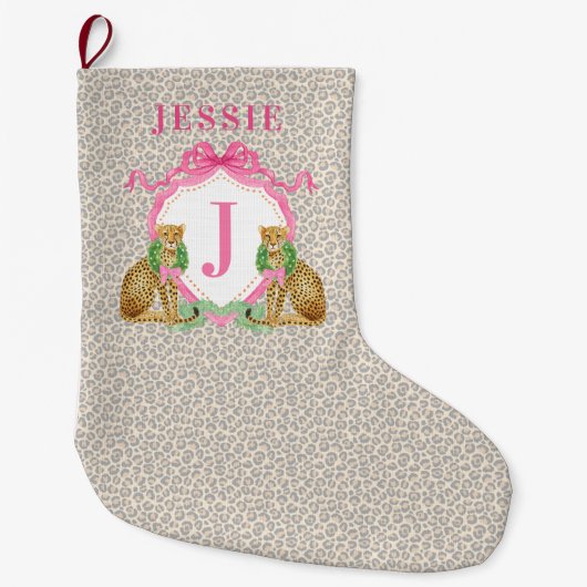 Grande Chaussette De Noël Couronne de Noël avec monogramme et nom de léopard (Devant)