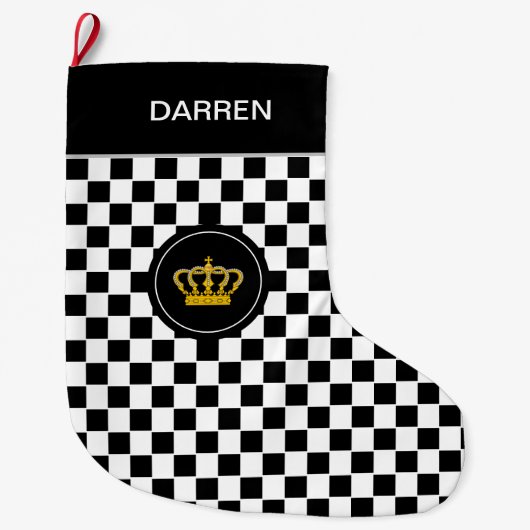 Grande Chaussette De Noël Couronne d'or sur le Motif d'échecs noir blanc (Devant)