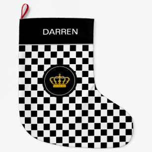 Grande Chaussette De Noël Couronne dorée sur motif d'échiquier noir et blanc