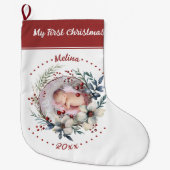 Grande Chaussette De Noël Couronne florale Première photo de Noël du bébé (Devant)