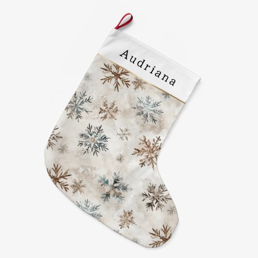Grande Chaussette De Noël Cream Blue Brown Snowflakes   (Devant (Accrochage))