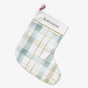 Grande Chaussette De Noël Crème Bleue Blanc Plaid Parties scintillant or de 