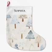 Grande Chaussette De Noël Crème Bleue Cosy Arbres de Noël (Devant)